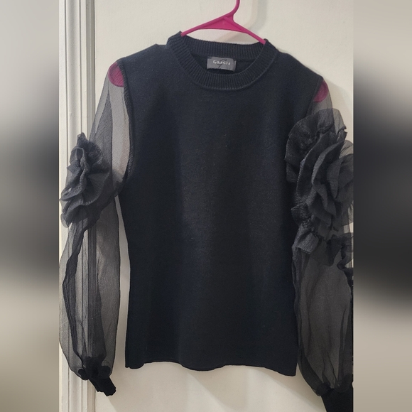 Gracia Tops - Black Blouse with Sheer Floral Sleeves